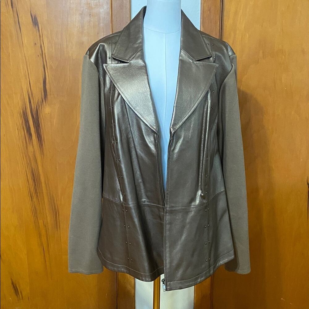 Metallic Bronze Genuine Leather Jacket Ribbed Cotton Studded Collared Pockets